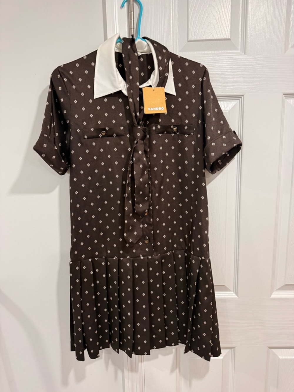 Sandro Brown with white details pleated bottom Mini Dress and a neck tie - Picture 4 of 6